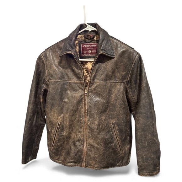 Andrew Marc Distressed Heavy Leather Jacket XS Bomber Moto Quilted Brown Gold - Picture 1 of 12